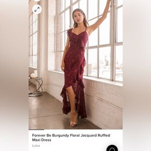 Worn once Lulus Forever Be Burgundy Floral Jacquard Ruffled Maxi Dress